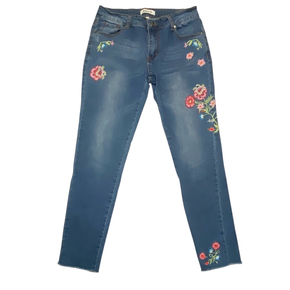 Between Us Women’s Floral Embroidered Cutoff Denim Ankle Blue Jeans Sz 11